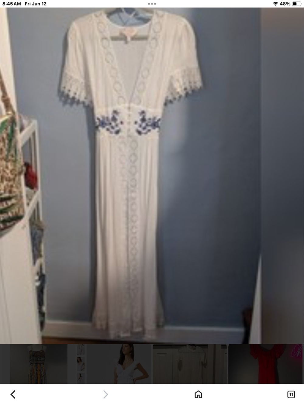 Francesca's Collections White Maxi Dress with Blue Floral Embroidery